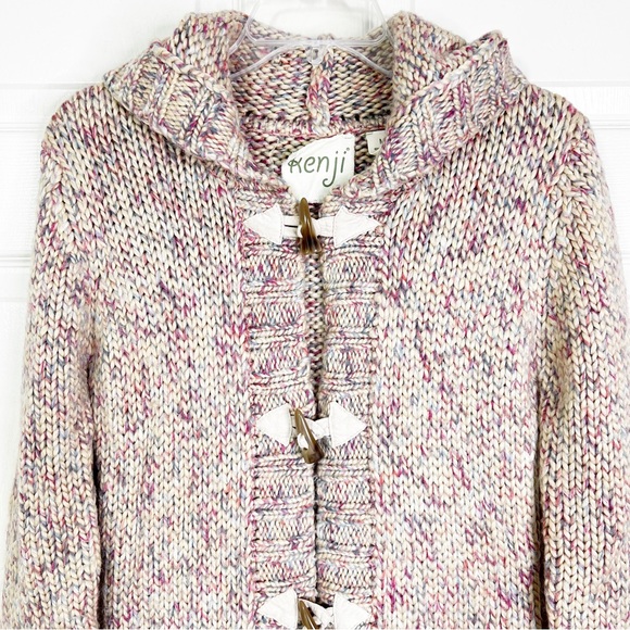 Kenji Multicolored Horn Buckle Hooded Heavyweight Midi Cardigan Sweater Womens M - Picture 3 of 9
